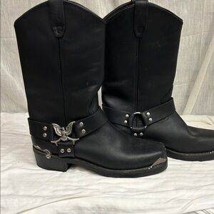 dingo Black Leather Harness Western Boots with Eagle Accent
